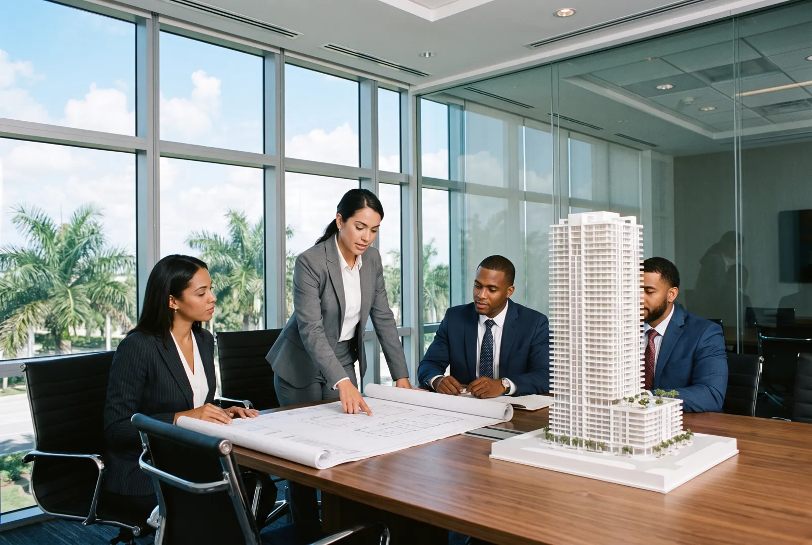 A project team reviewing drawings and a tower model in a glass conference room