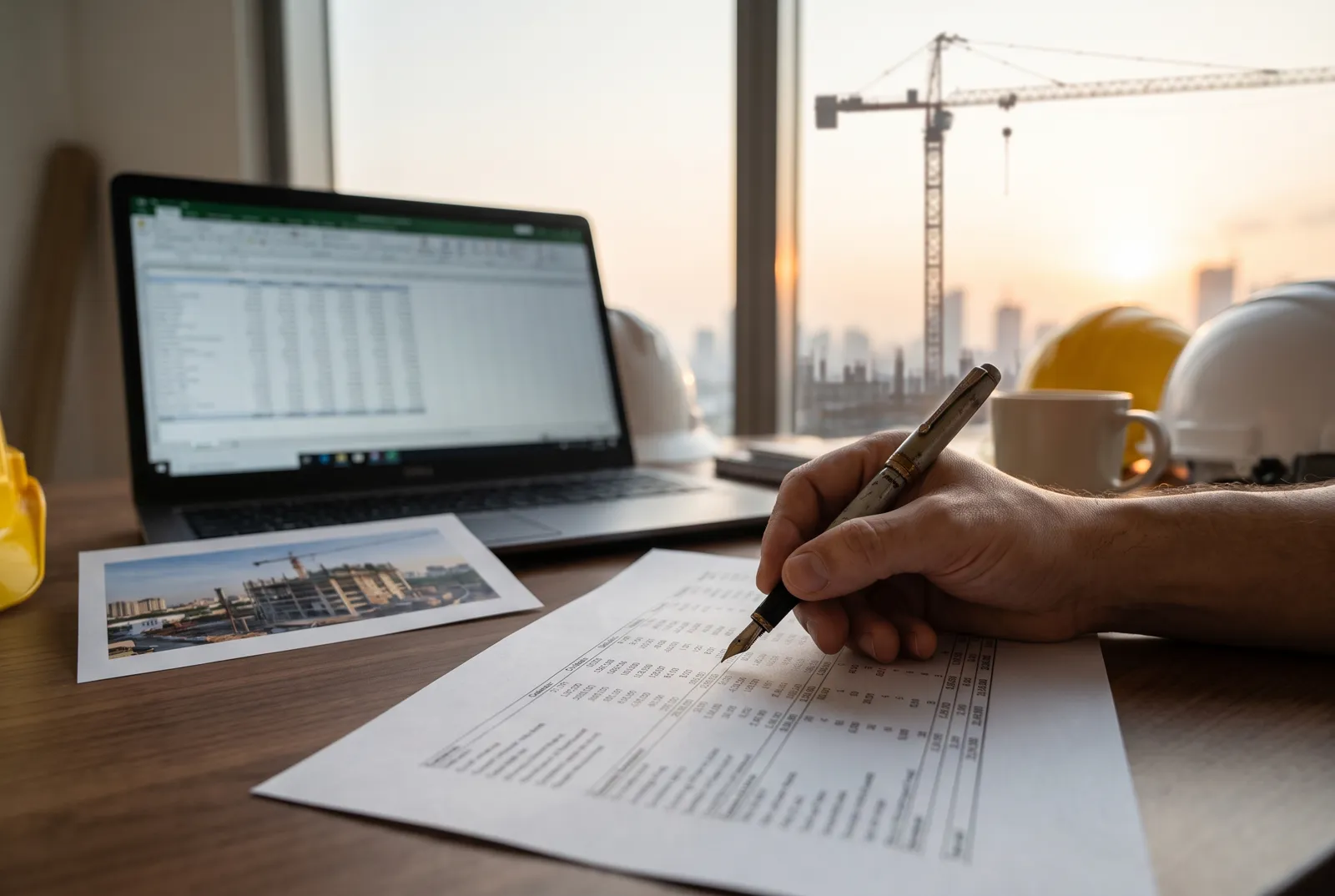 A hand with a fountain pen reviewing a construction payment application, a crane outside the window