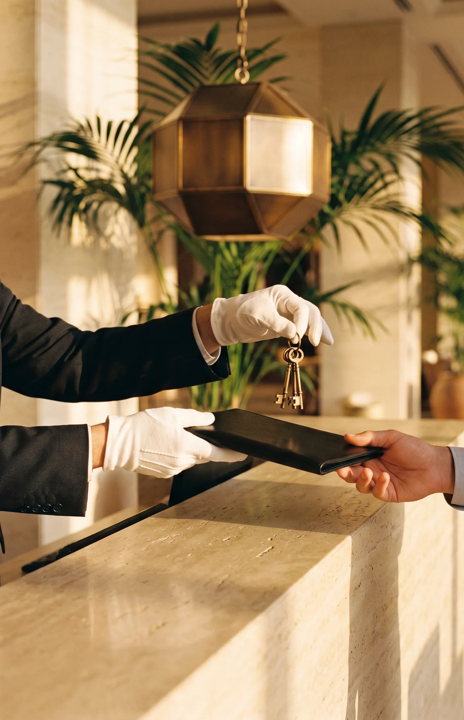 Keys and a leather folder handed across a travertine counter in a condominium lobby