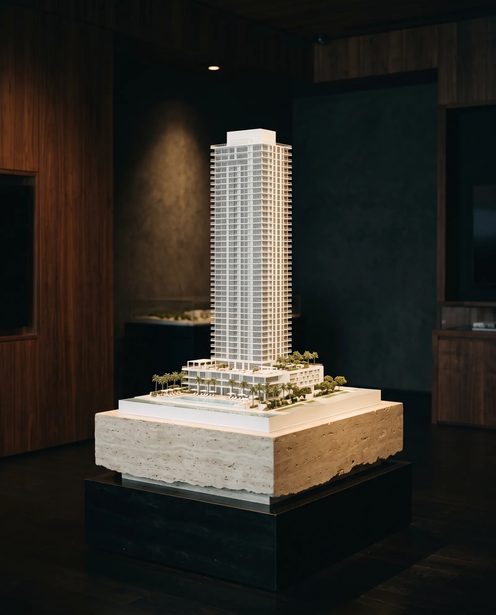 Architectural model of a condominium tower under a spotlight