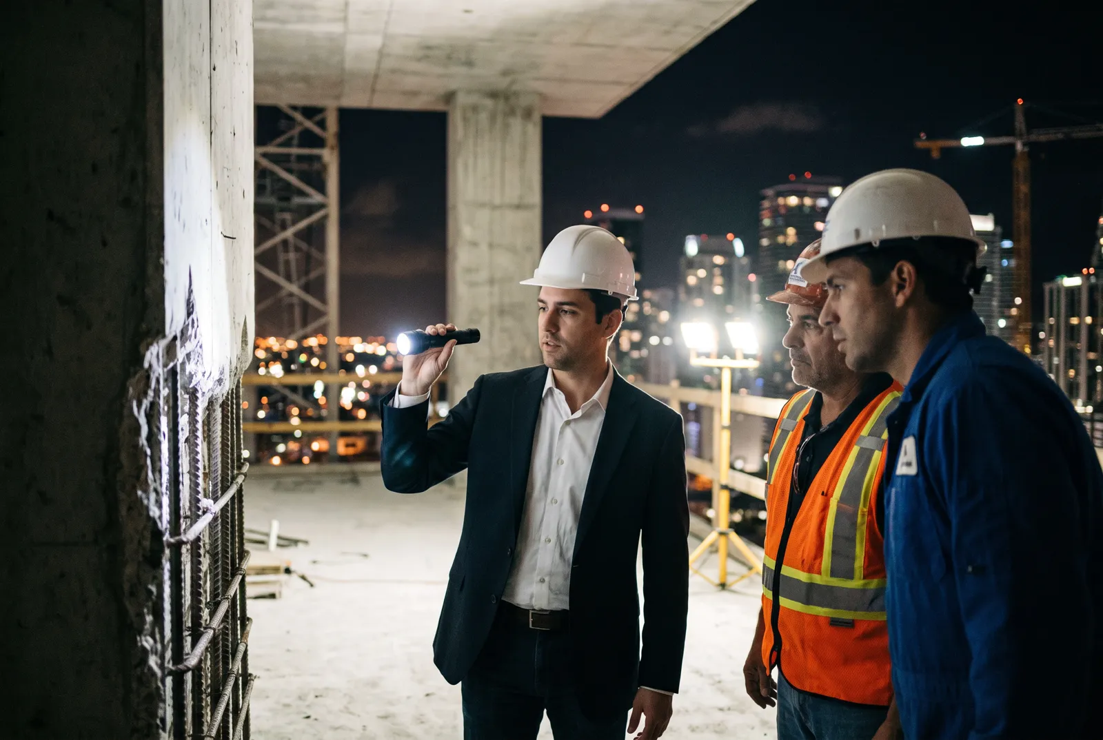 A manager in a suit inspecting a concrete column at night with the site superintendent
