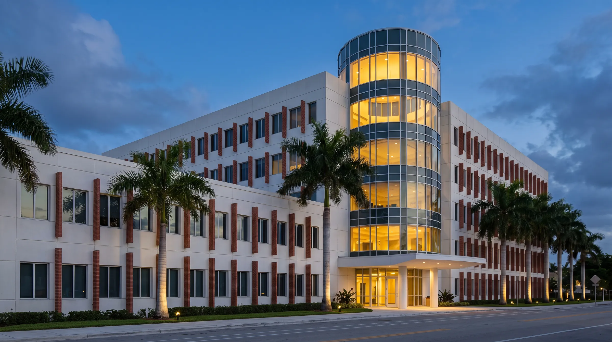 The same office building at dusk with its glass tower lit from inside