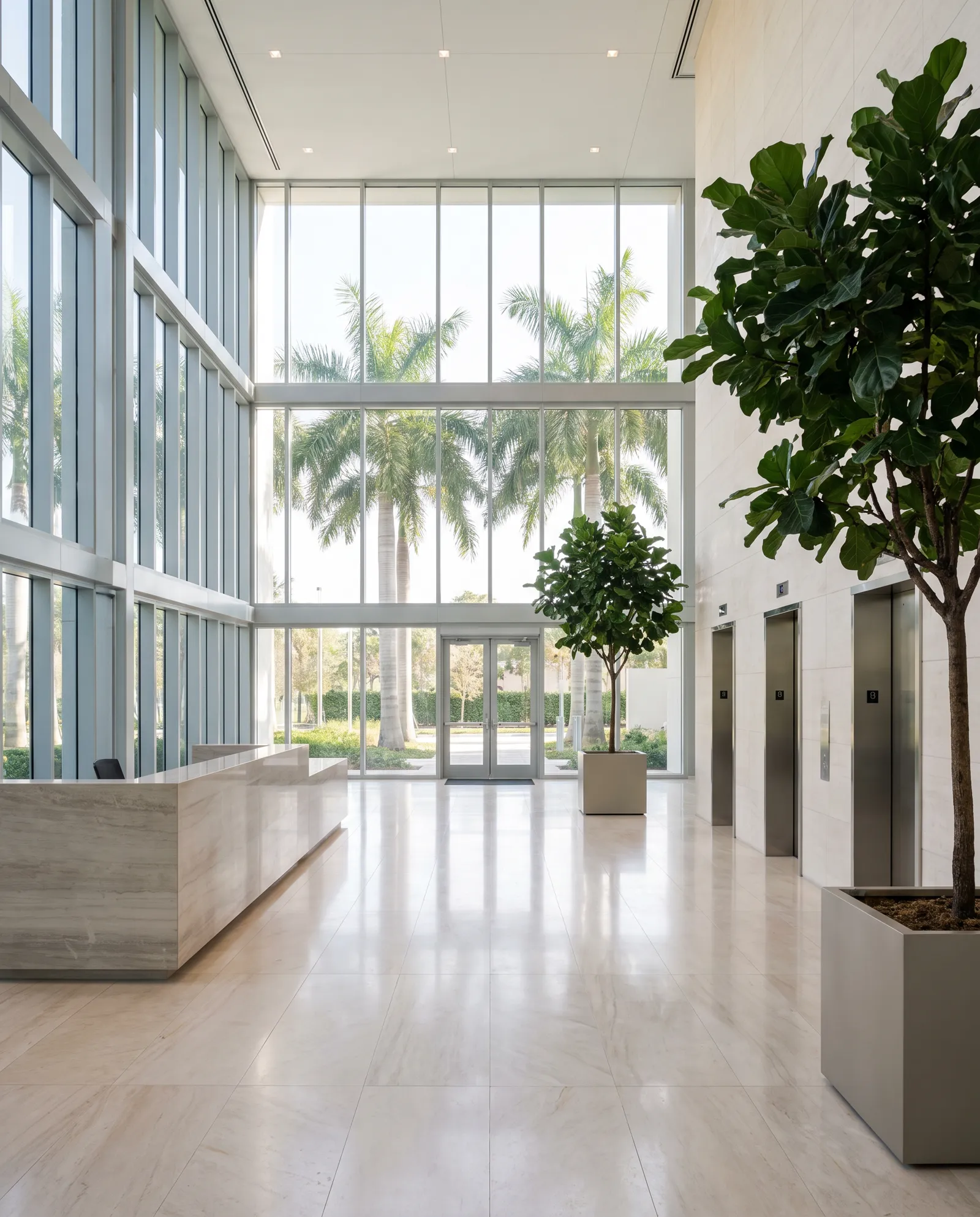 The bright lobby of the Class A office building in Doral