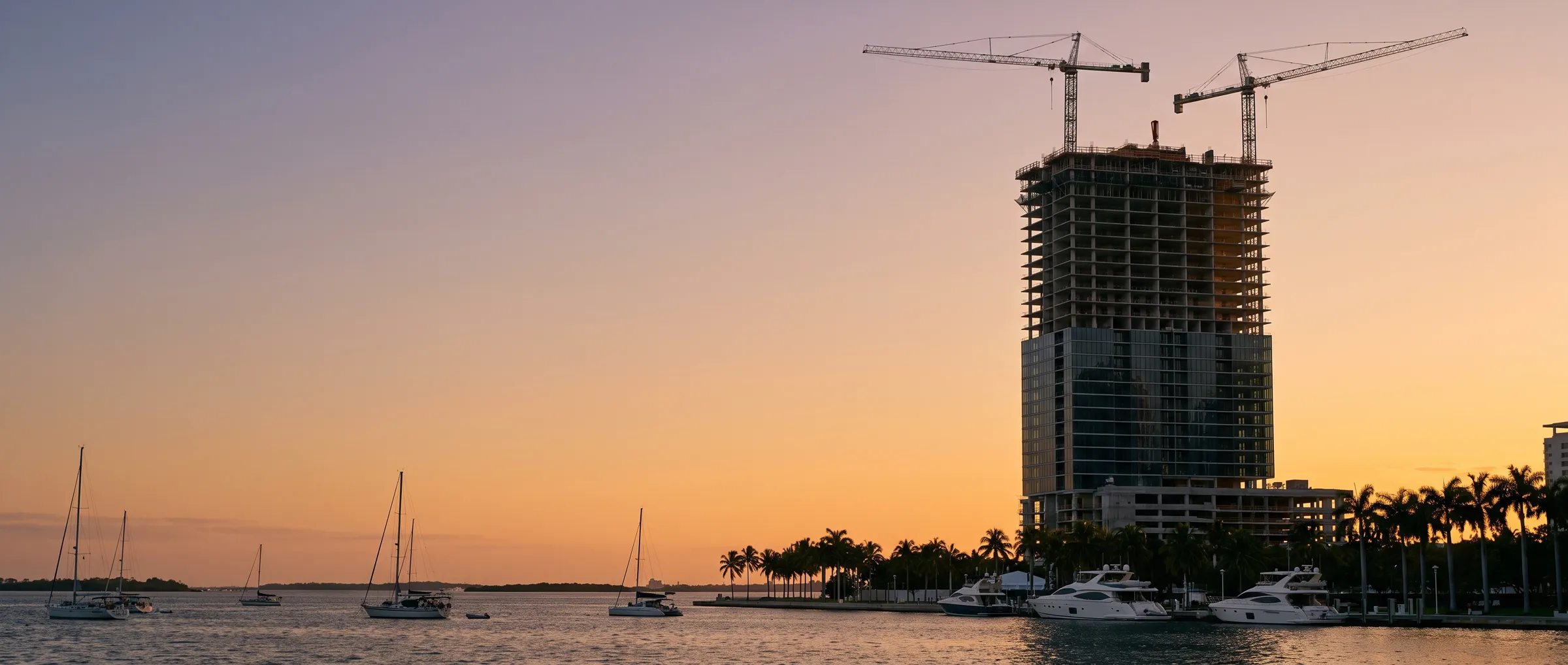 A slender condominium tower under construction on Brickell Bay with two tower cranes at golden hour