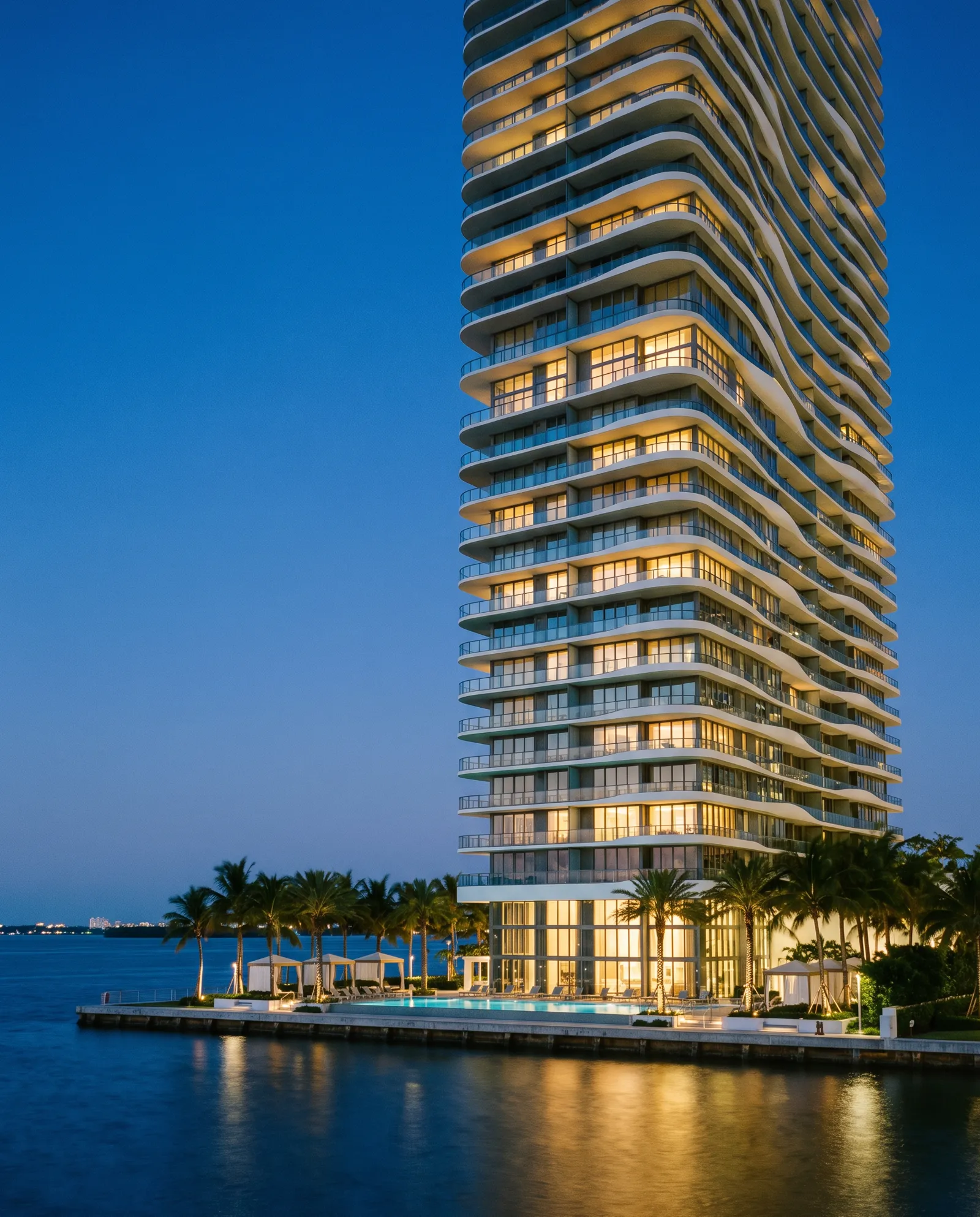 A finished white condominium tower on Biscayne Bay at blue hour
