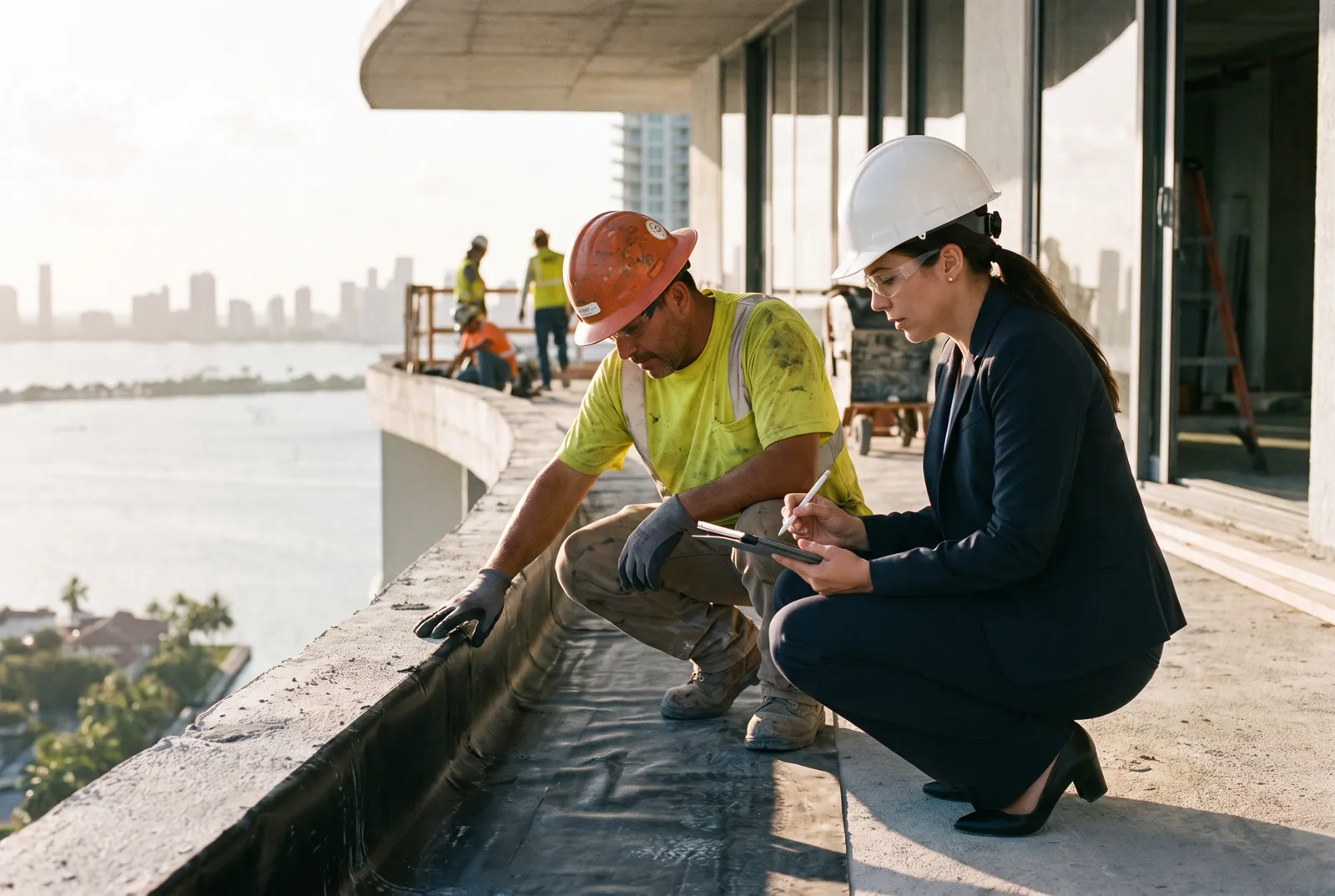 A project manager in a suit and hard hat checking a balcony waterproofing detail with the foreman