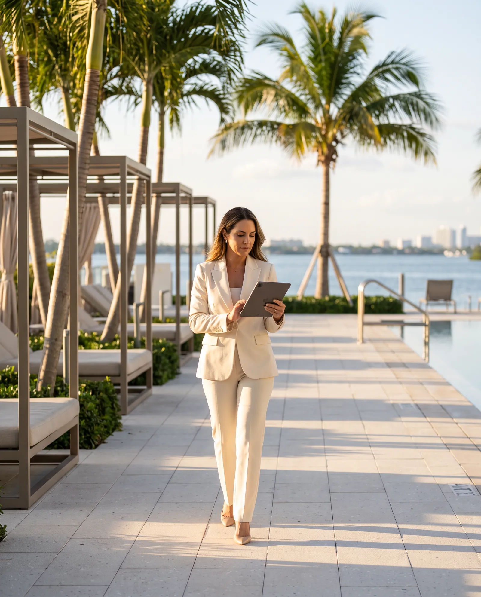 A project manager in an ivory suit doing a final walk on a condominium pool deck