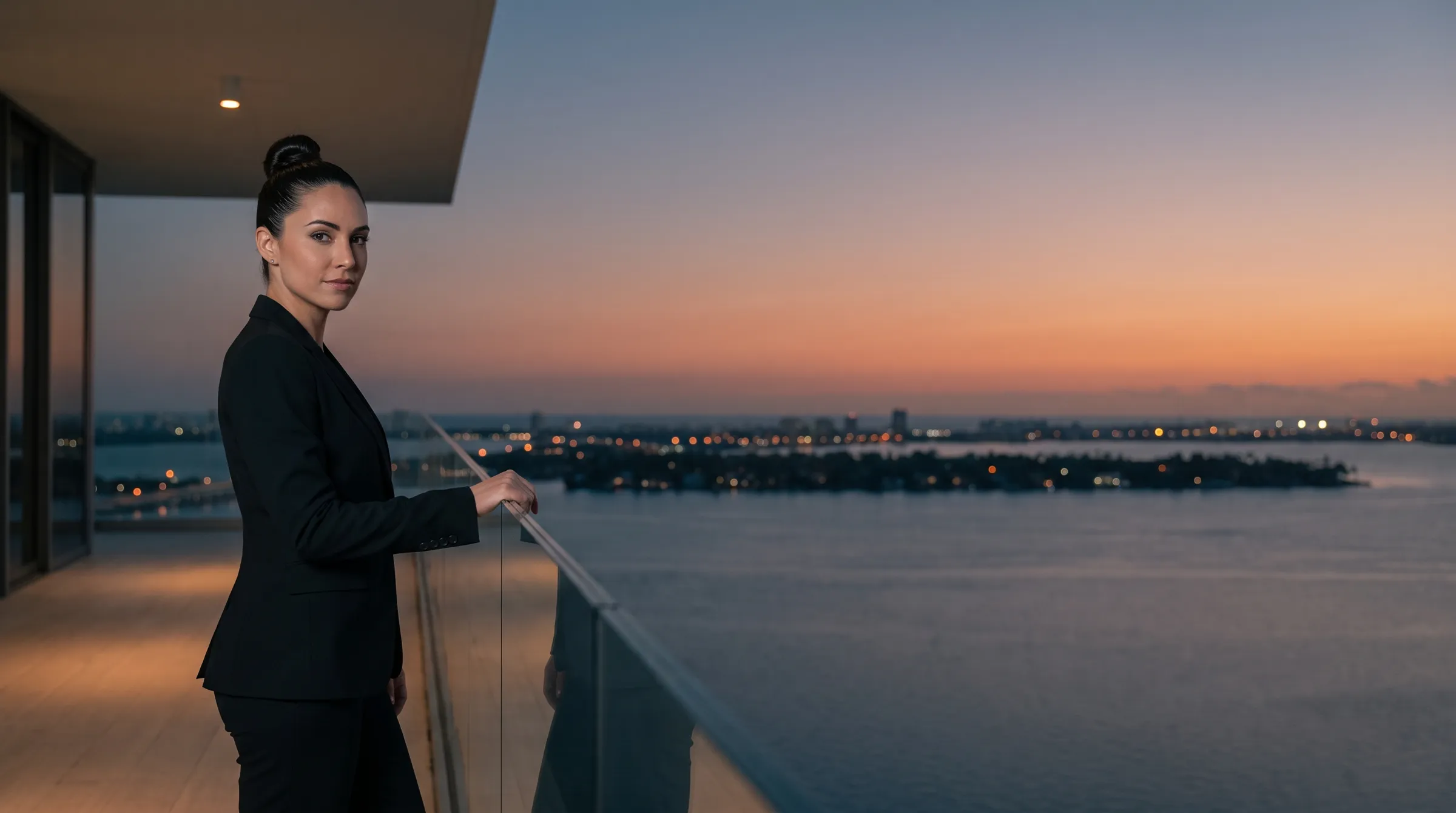A project manager in a black suit on the terrace of a finished condominium tower over Biscayne Bay at dusk